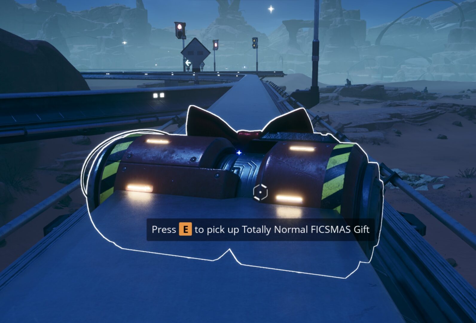 Satisfactory video game screenshot: An object shaped remarkably like an explosive device, decorated with yellow-and-black warning tape, with text overlay which reads, "Press E to pick up Totally Normal FICSMAS Gift."