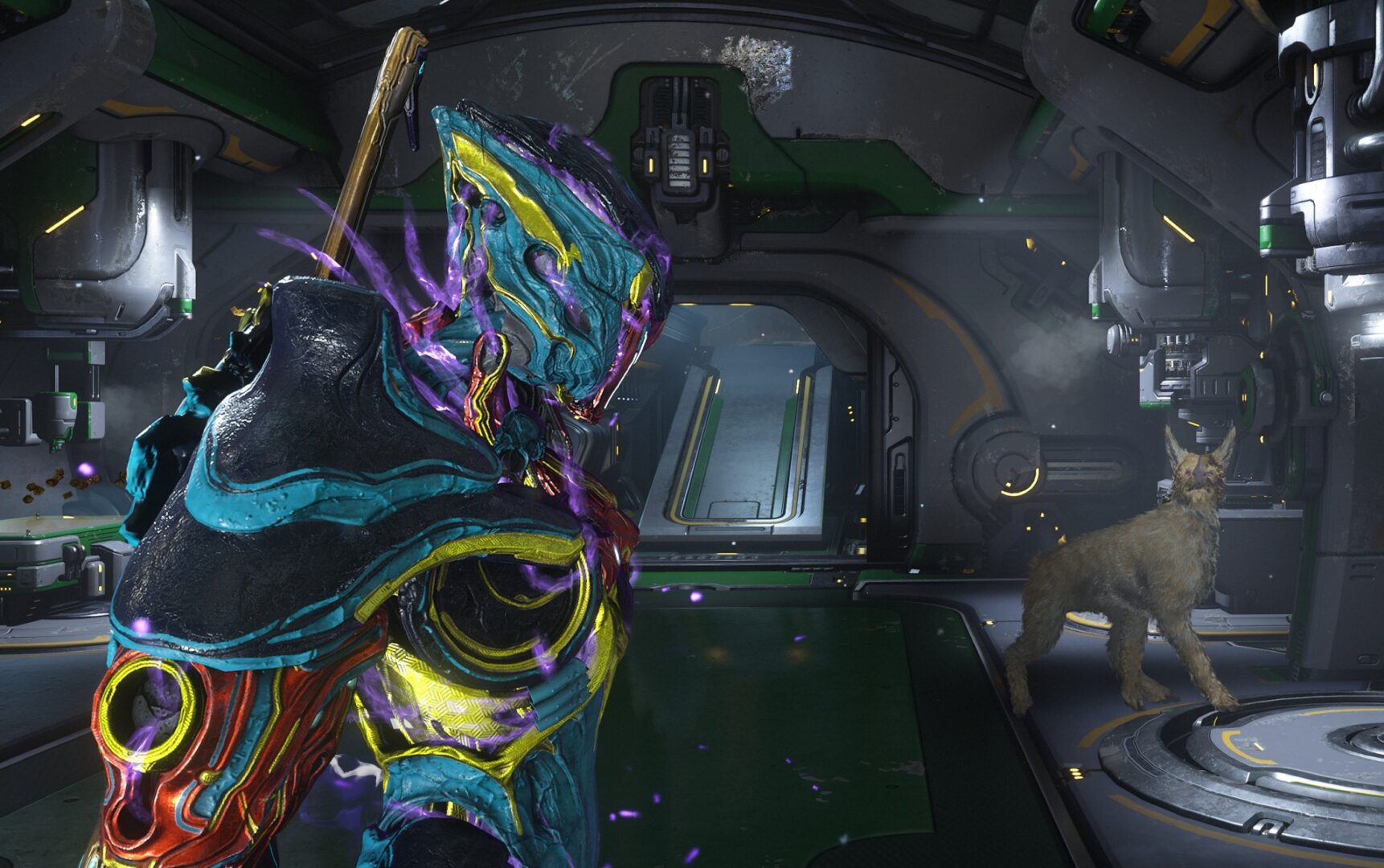 Warframe video game screenshot: Inside a futuristic spaceship, a Warframe decked out in bright colors stands in profile. Nearby, a shaggy dog-like creature observes attentively.