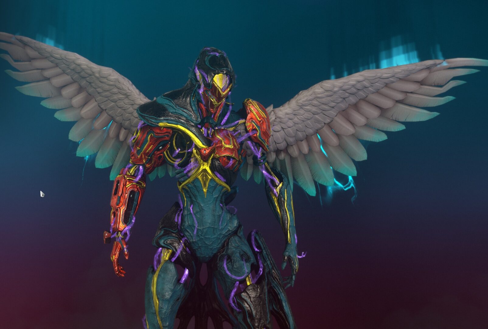 Warframe video game screenshot: The "Xaku" frame painted in bright, clashing colors and sporting big feathery wings for no particularly good reason other than "it looks kind of neat."