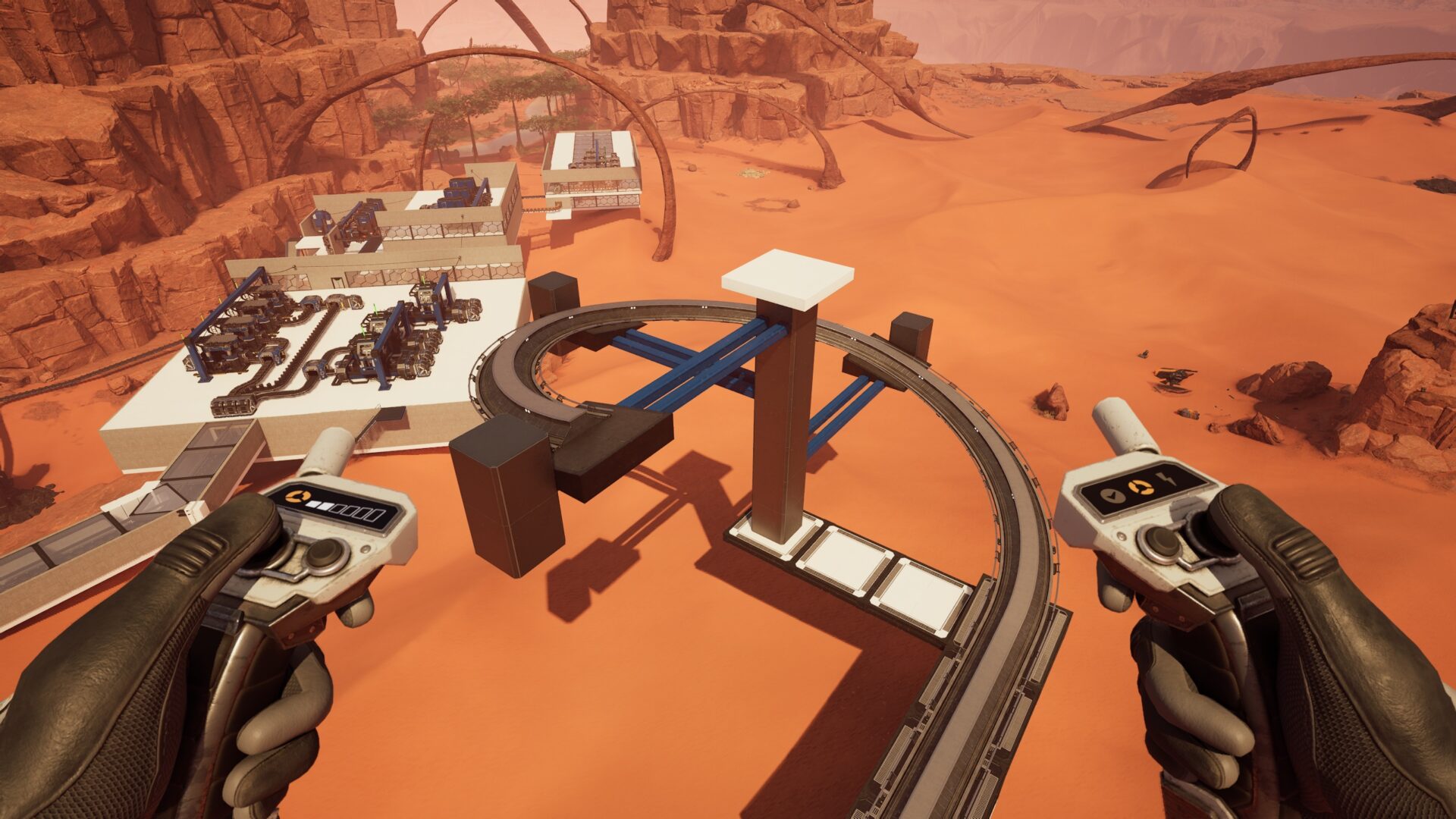 Satisfactory video game screenshot: Illustrating the progress of the rail spiral after following several iterations of the previously detailed numbered steps.