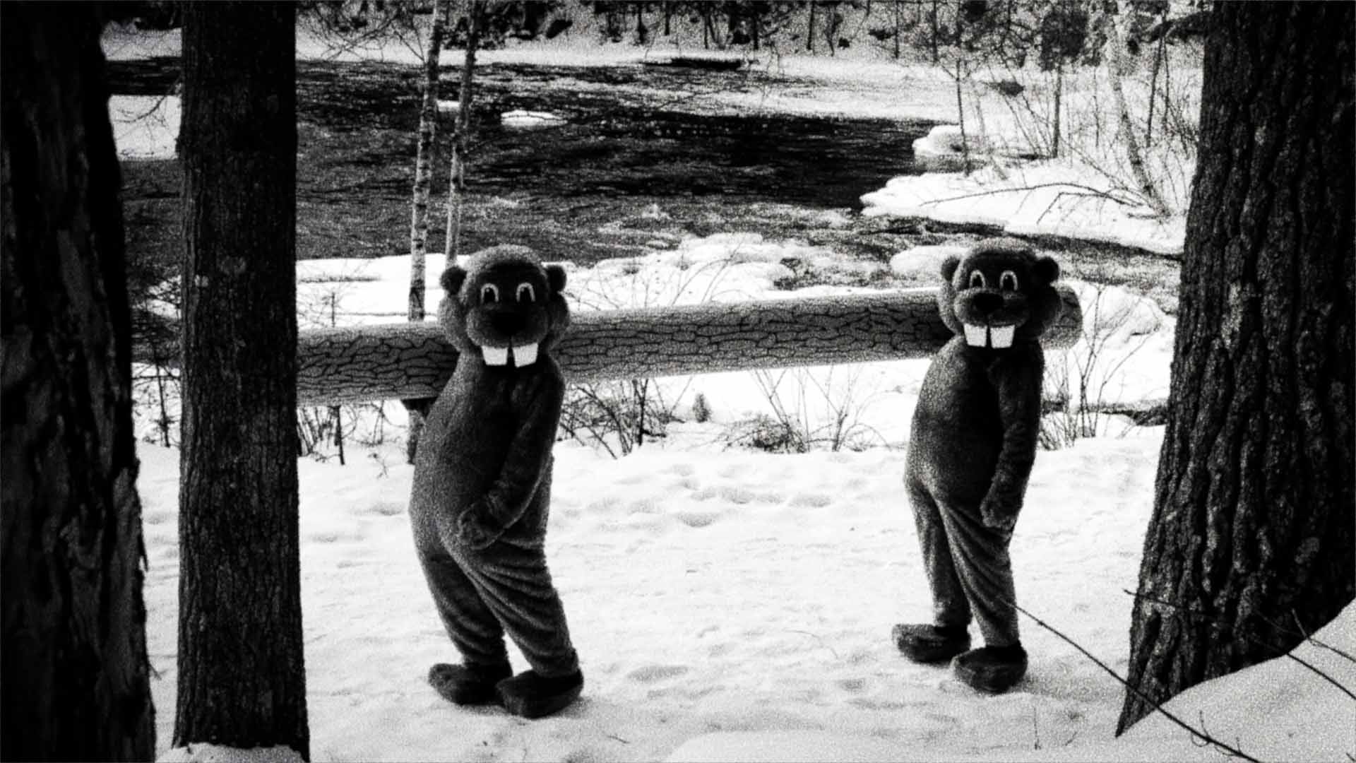 Still image from the movie "Hundreds of Beavers": Two people dressed up in beaver mascot costumes in a snowy-looking forest scene carry a log on their shoulders. They're looking toward the camera.