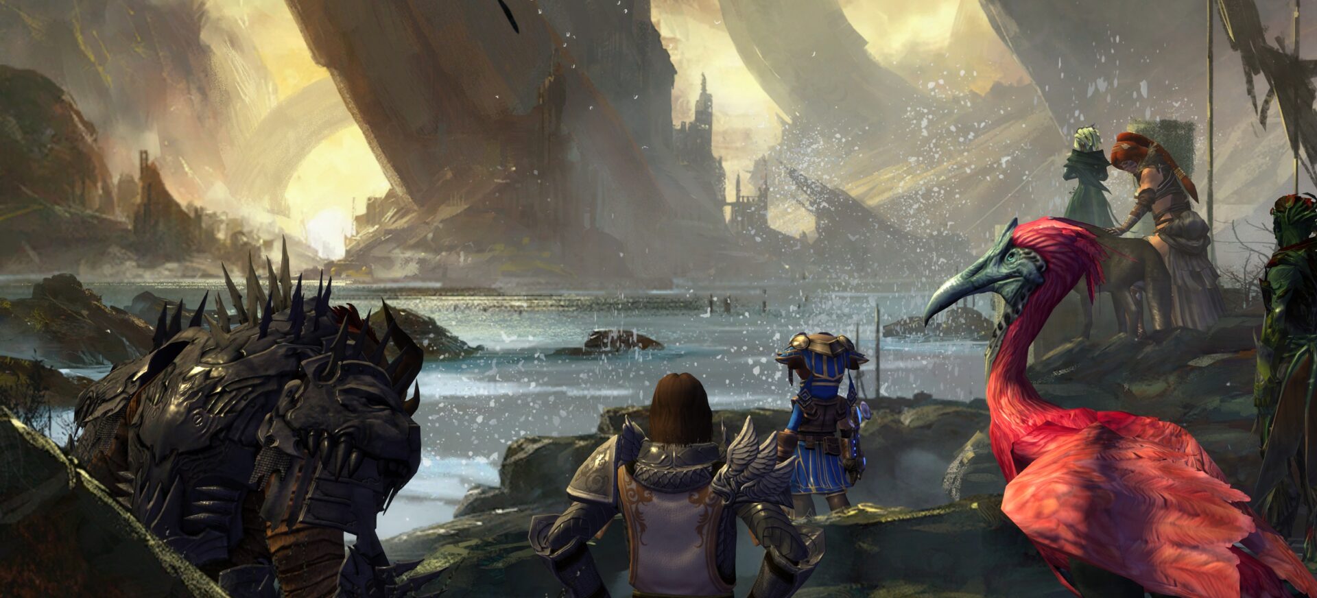 Guild Wars 2 video game screenshot: Painterly image of several of the heroes looking at the game world after the battle against the undead dragon, Zhaitan. Only, the player character model has been replaced by a pink-feathered moa bird due to in-game shenanigans.