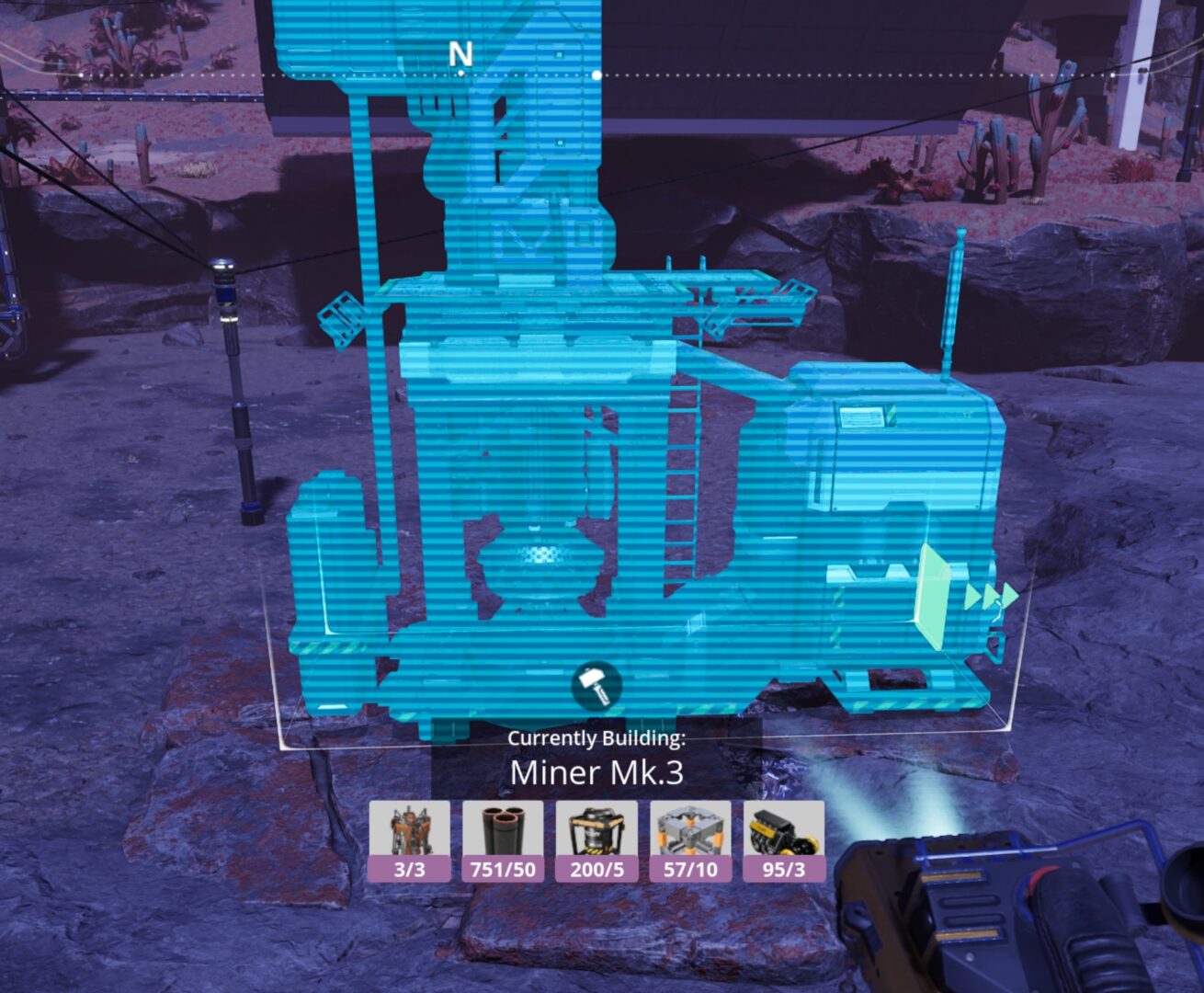 Satisfactory video game screenshot: A blue hologram depicts where a Mk.3 Miner is about to get placed on an iron ore node. Below the hologram is a row of icons indicating what parts will be required to build the machine, and in what quantities.