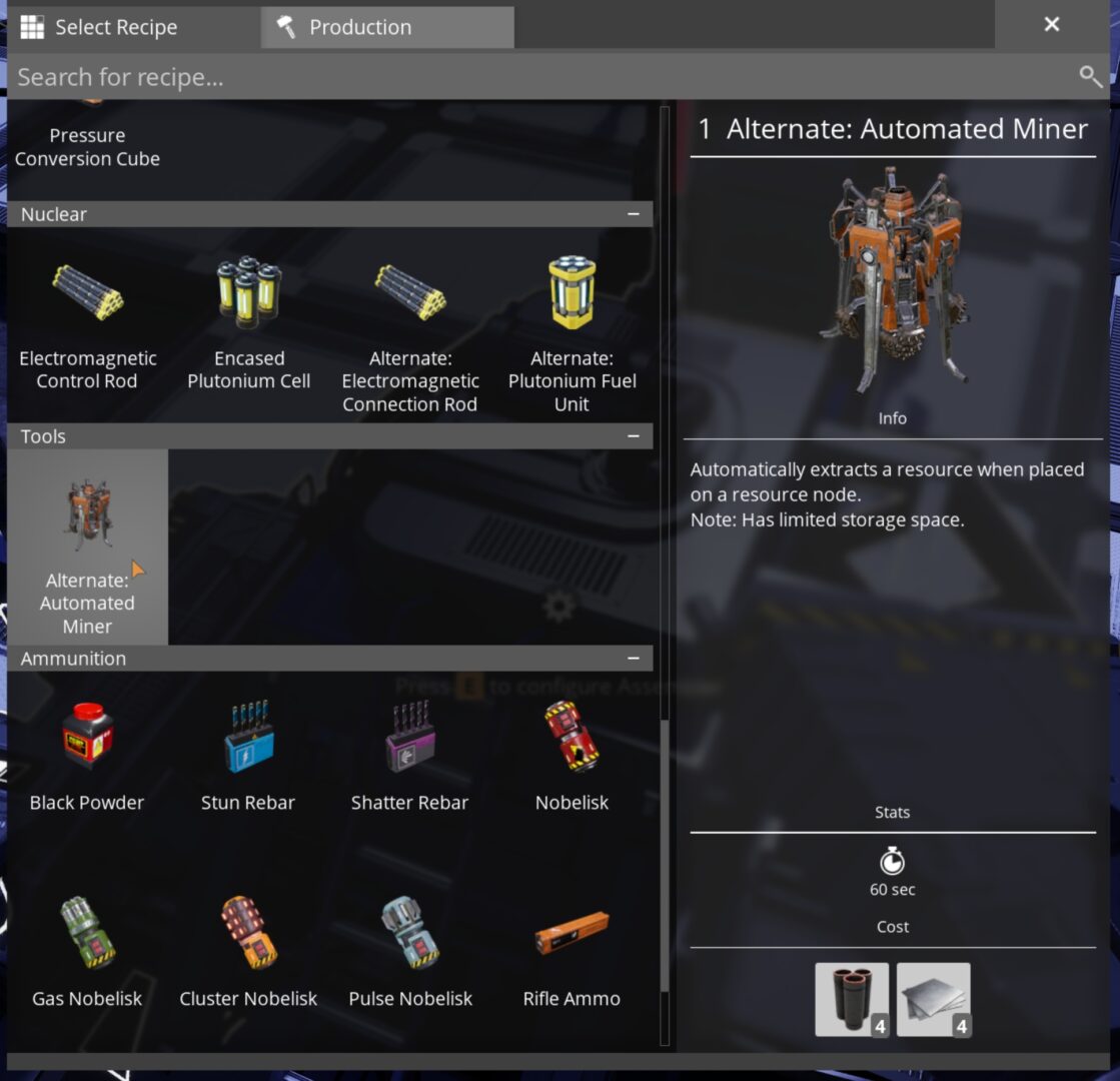 Satisfactory video game screenshot: Recipe selection menu of an Assembler machine, with the Automated Miner recipe highlighted. Other recipes visible include a variety of nuclear-power related items and a bunch of weapon ammunition options.