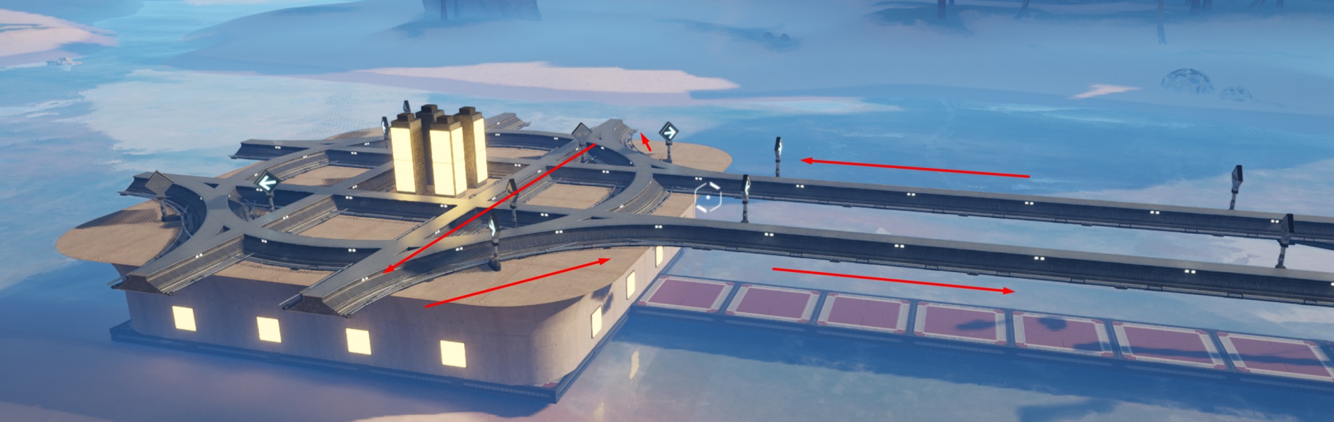 Satisfactory video game screenshot: View of a railway roundabout. It's only connected from one direction. Arrows indicate the pathway which the game's routing algorithm chose to allow a train to successfully navigate the roundabout.