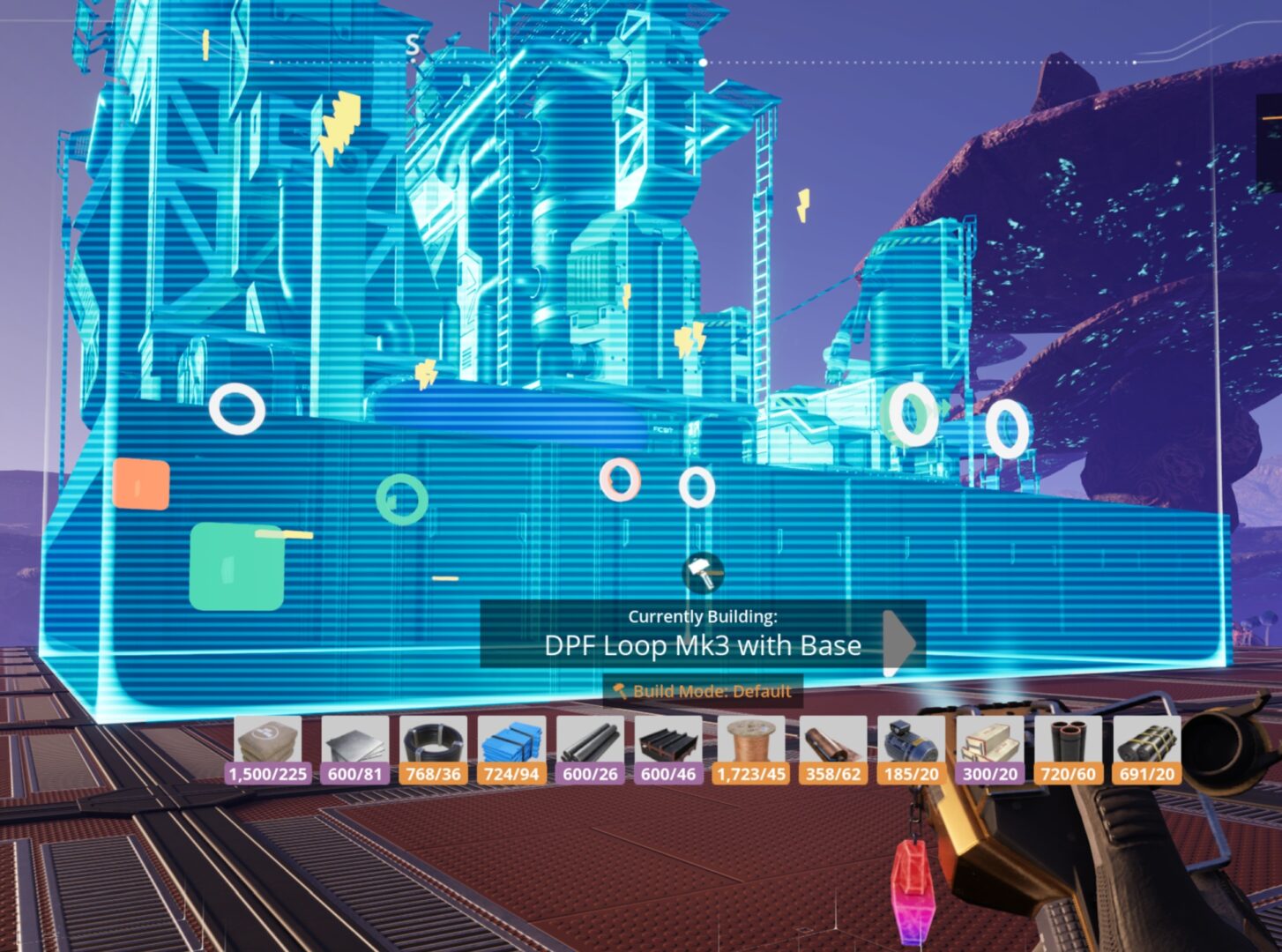 Satisfactory video game screenshot: The "hologram" of a blueprinted factory segment in the process of being placed into the game world.