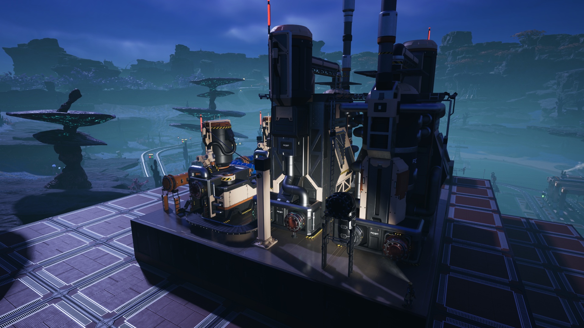 Satisfactory video game screenshot: The Pioneer stands on a blueprinted machinery rig, shining a headlamp onto the two refineries, somewhat highlighting the brass-painted pipeline supports blocking the unused input ports.