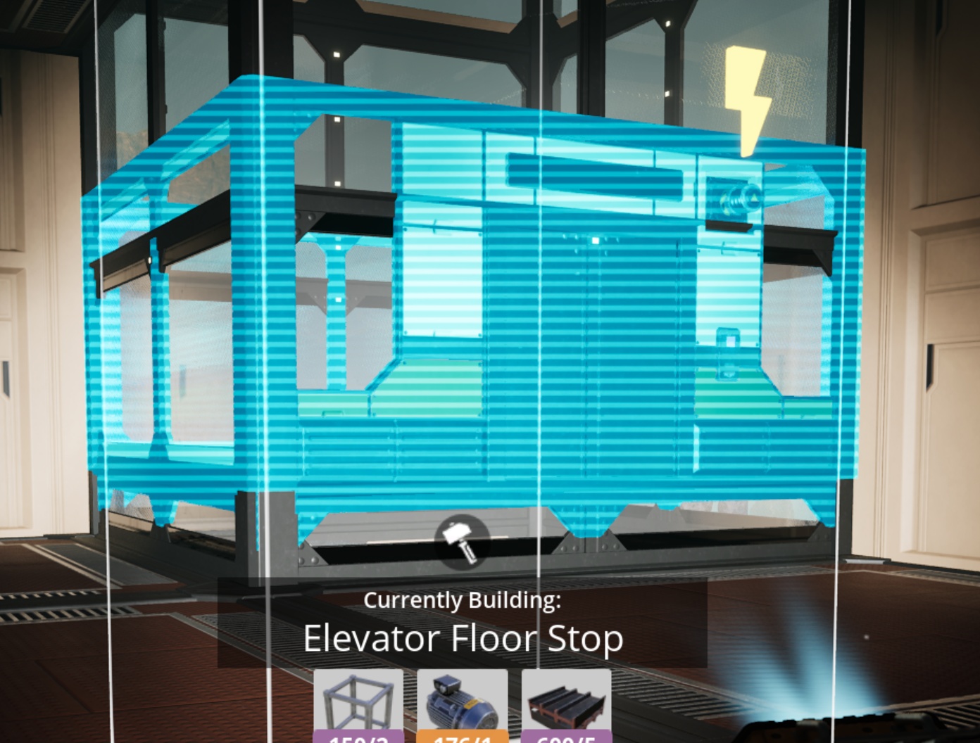 Satisfactory video game screenshot: In-game UI of the build system's "hologram" of an Elevator Floor Stop that is being added to an existing Personnel Elevator shaft.