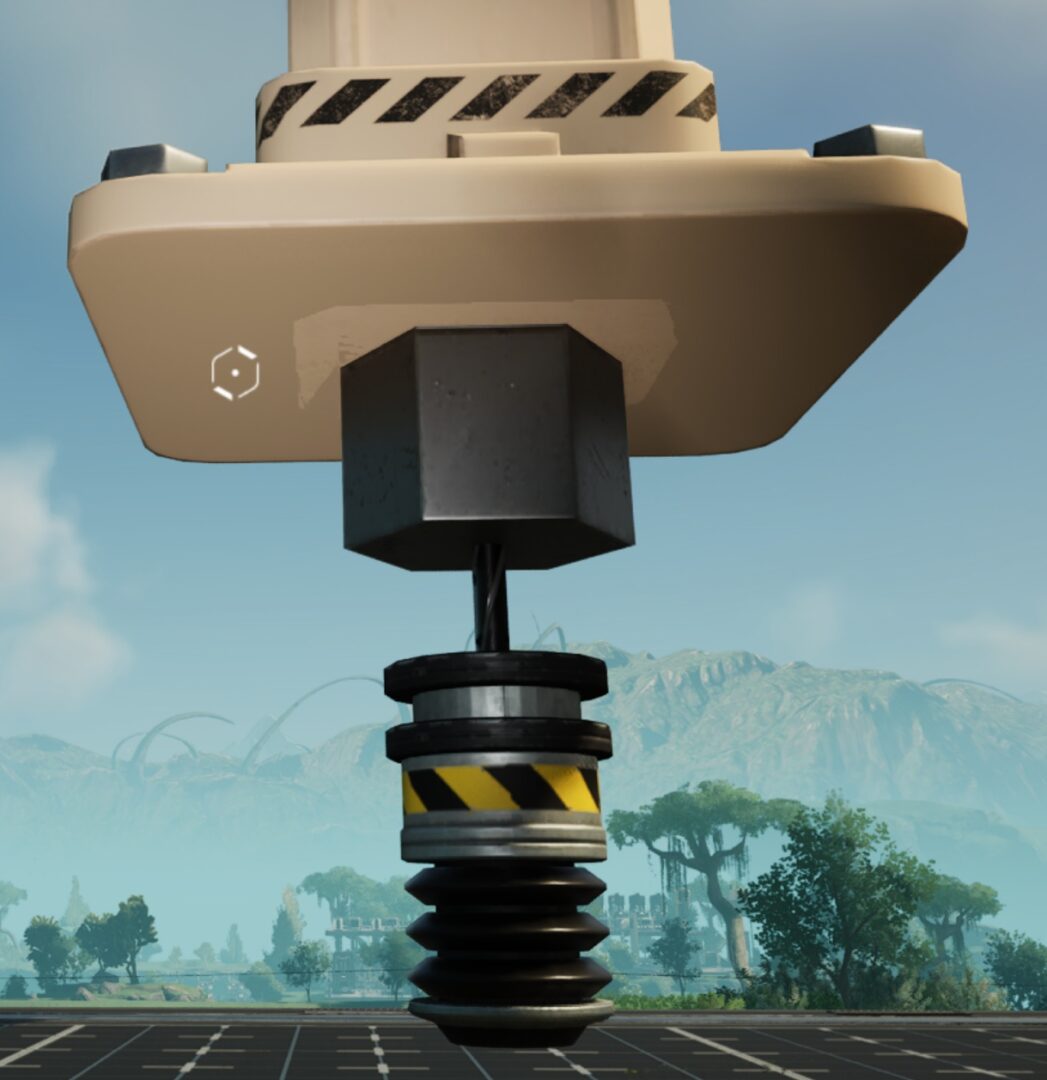 Satisfactory video game screenshot: Close-up view of the "hidden power pole" blueprint, focusing on the power plug connected underneath.