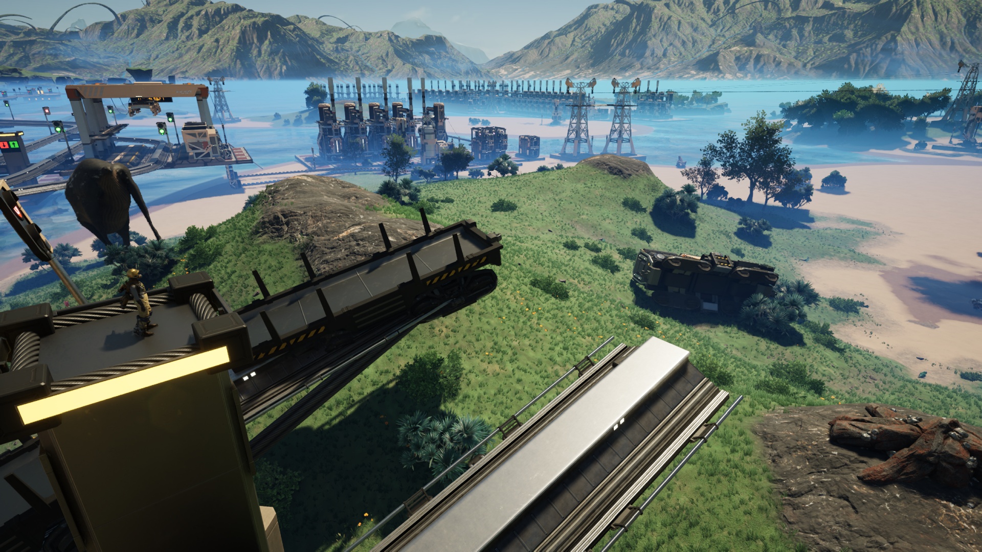 Satisfactory video game screenshot: The Pioneer and one of the large local fauna look at the wreck of a train engine that tried, for some unknown reason, to launch itself into low orbit.