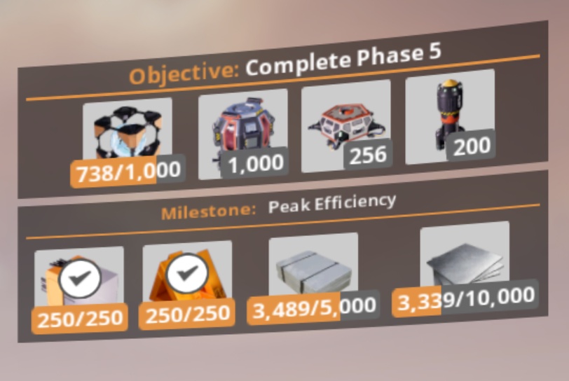 Satisfactory video game screenshot: The objectives status display showing that 738 out of the required 1000 Nuclear Pasta are already loaded into the Space Elevator, and the Peak Efficiency milestone materials only need ~1500 more Alclad Aluminum Sheets and ~6600 more Iron Plates.